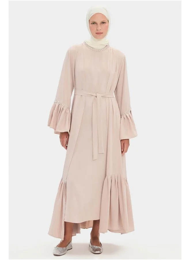 جون June Women Ruffle Detailed Stone Abaya Light Beige