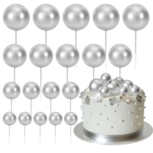 ASTARON 20 Pcs Ball Cake Topper Decorations Mini Balloons Cake Topper Sticks Silver Cake Balls for Graduation Wedding Birthday Cake Decorations - Image 1