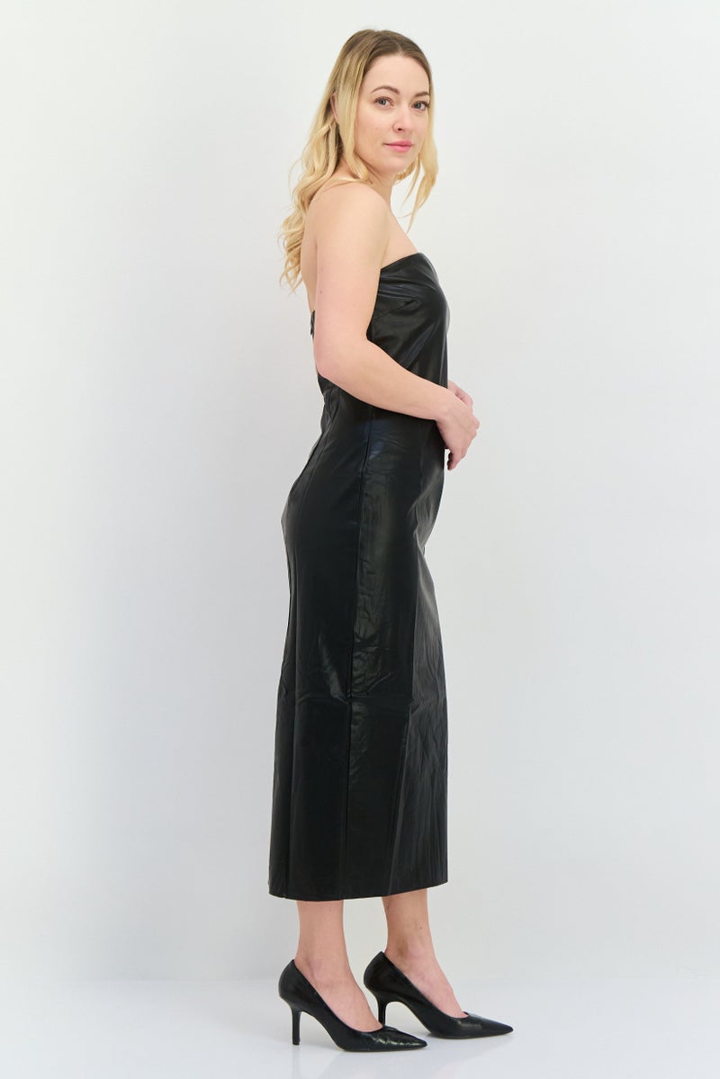 NIA Women Solid Leather Midi Dress, Black - Image 3