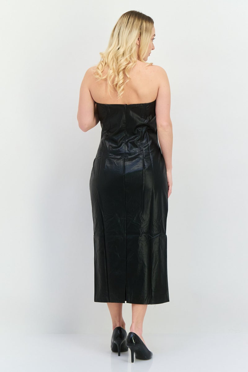NIA Women Solid Leather Midi Dress, Black - Image 2