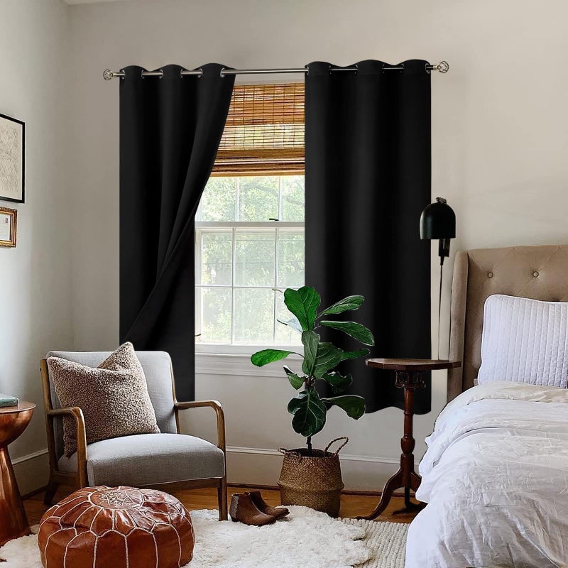 BGment Thermal Insulated 100% Blackout Curtains for Bedroom with Black Liner  Double Layer Full Room Darkening Noise Reducing Grommet Curtain (42 x 72 Inch  Black  2 Panels) - Image 2