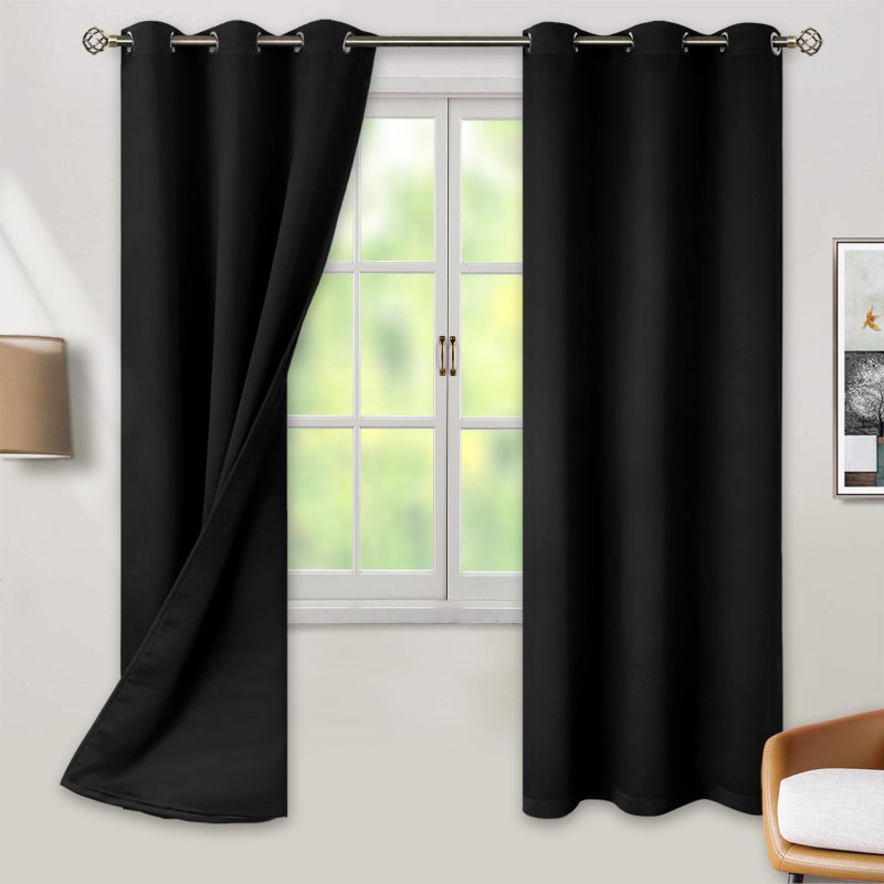 BGment Thermal Insulated 100% Blackout Curtains for Bedroom with Black Liner  Double Layer Full Room Darkening Noise Reducing Grommet Curtain (42 x 72 Inch  Black  2 Panels) - Image 1