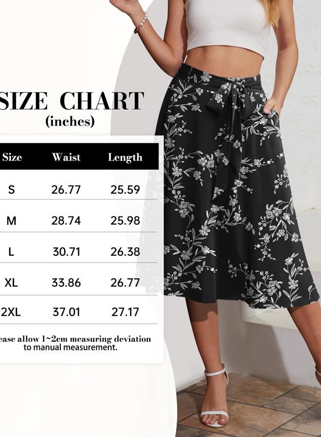 Yincro Women A-Line Pockets Midi Skirt High Waist Flared Skirts (Black Flower Light Beige, XL) - Image 5