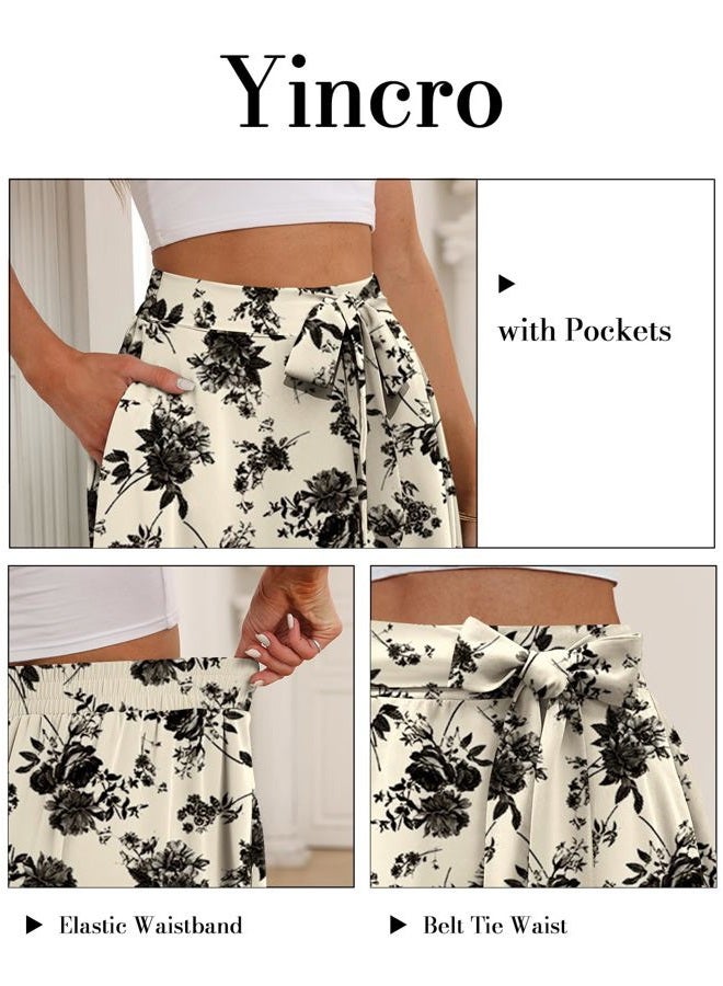 Yincro Women A-Line Pockets Midi Skirt High Waist Flared Skirts (Black Flower Light Beige, XL) - Image 3
