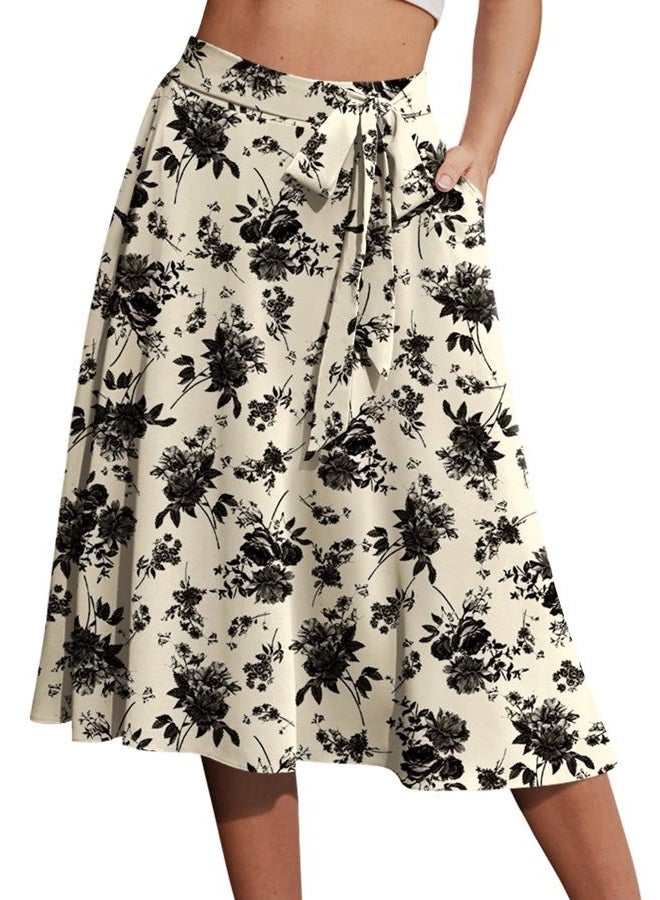 Yincro Women A-Line Pockets Midi Skirt High Waist Flared Skirts (Black Flower Light Beige, XL) - Image 1