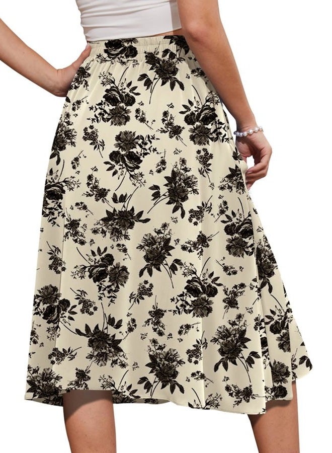 Yincro Women A-Line Pockets Midi Skirt High Waist Flared Skirts (Black Flower Light Beige, XL) - Image 2