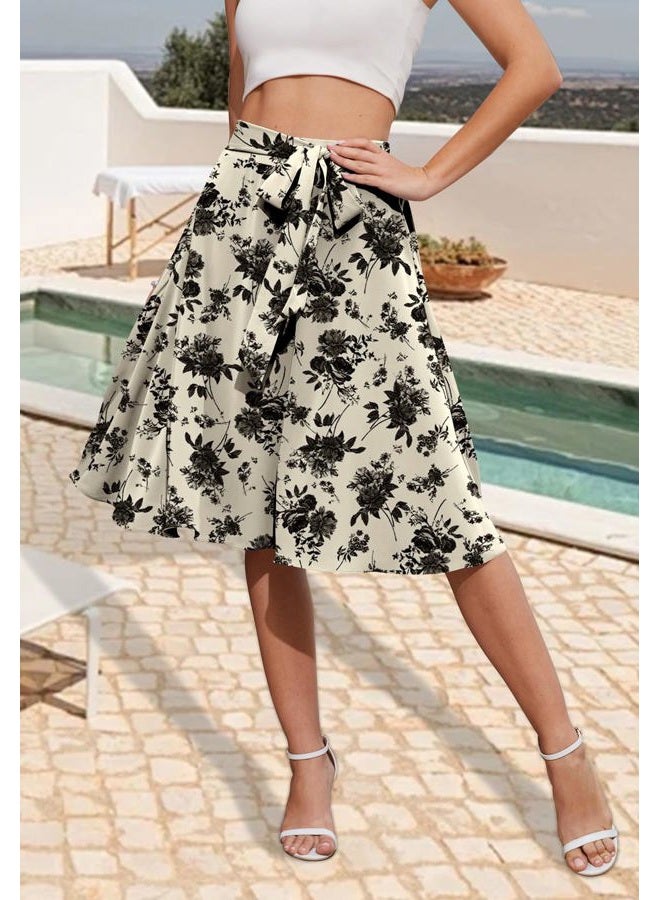 Yincro Women A-Line Pockets Midi Skirt High Waist Flared Skirts (Black Flower Light Beige, XL) - Image 4