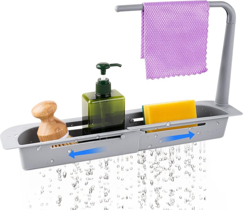 NiHome Telescopic Kitchen Over Sink Organizer with Towel Hanger, Expandable Slim Drain Basket Multifunctional Caddy Adjustable Length Colander Rack Sponge Holder Storage Tray for Home Bathroom (Grey) - Image 1