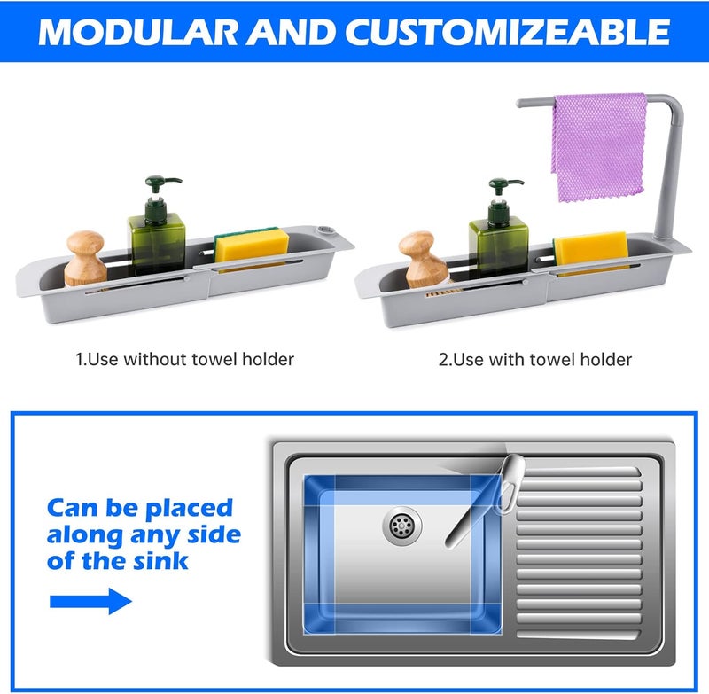NiHome Telescopic Kitchen Over Sink Organizer with Towel Hanger, Expandable Slim Drain Basket Multifunctional Caddy Adjustable Length Colander Rack Sponge Holder Storage Tray for Home Bathroom (Grey) - Image 5