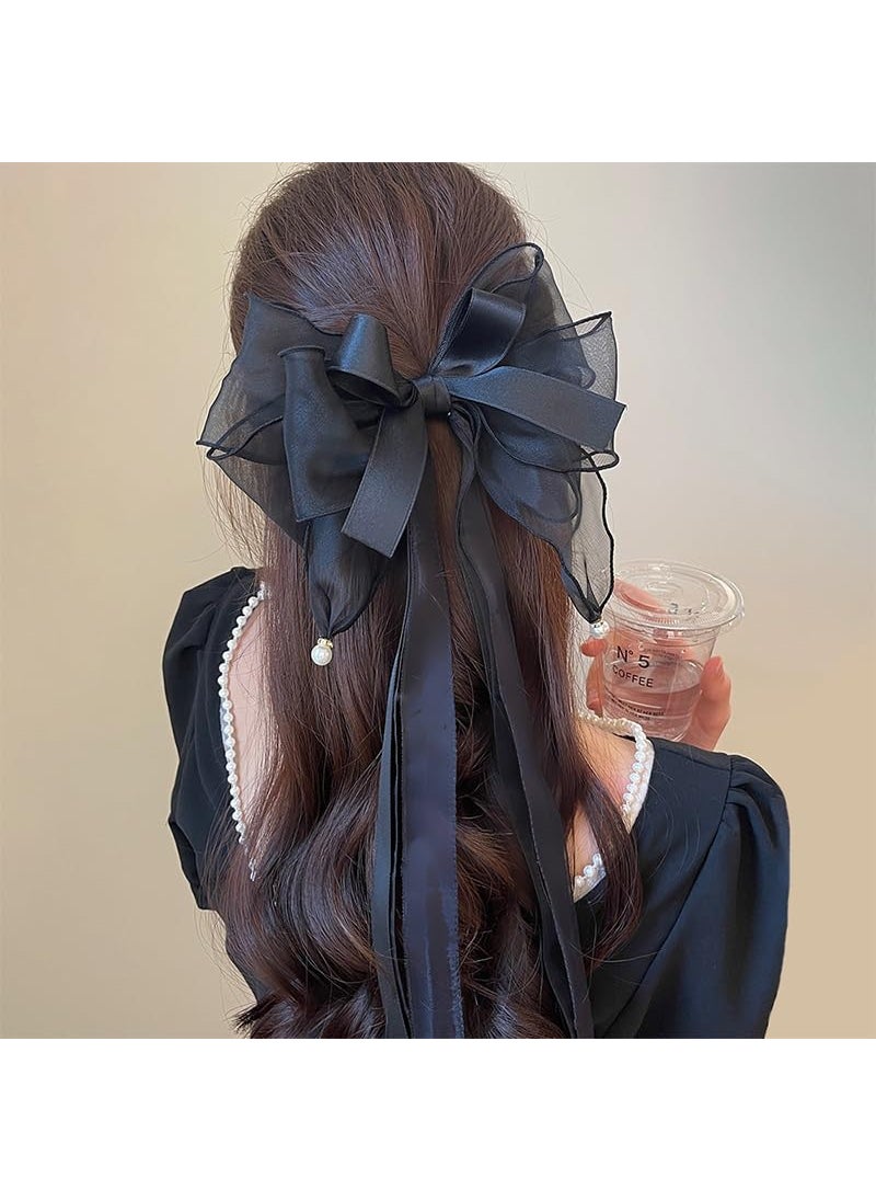 YangQian - Long Hair Bows with Ribbons Lace Tulle and Pearls  Decorative Hair Clips Barrettes and Hair Accessories for Women Girls and Prom - Image 1