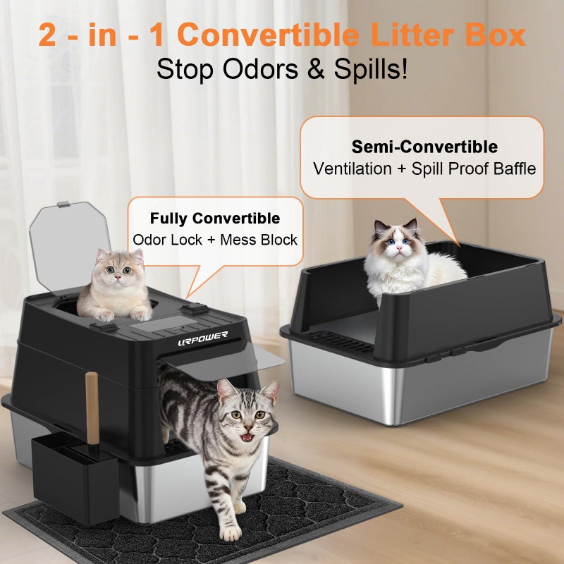 URPOWER Stainless Steel Cat Litter Box with Lid 110Â° Flip-Top Extra Large Enclosed Litter Box Non-Sticky Metal Pan with High Sided & Scoop, Odor Free, Front & Top Entry, Anti-Leakage, Easy Cleaning - Image 5