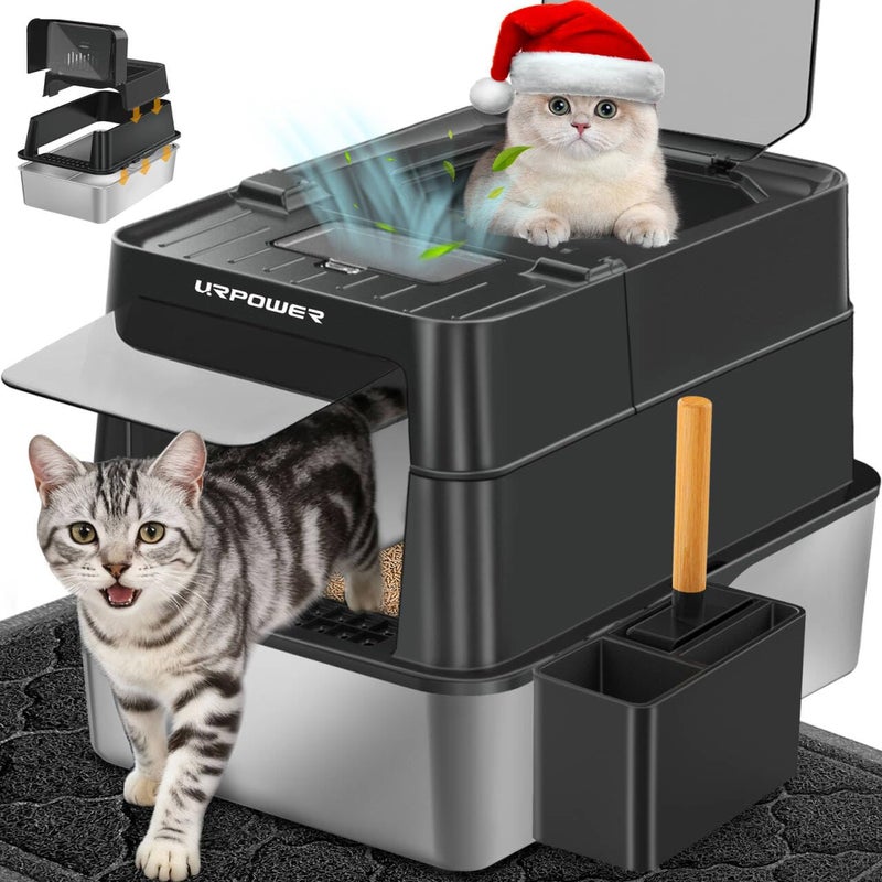 URPOWER Stainless Steel Cat Litter Box with Lid 110Â° Flip-Top Extra Large Enclosed Litter Box Non-Sticky Metal Pan with High Sided & Scoop, Odor Free, Front & Top Entry, Anti-Leakage, Easy Cleaning - Image 1