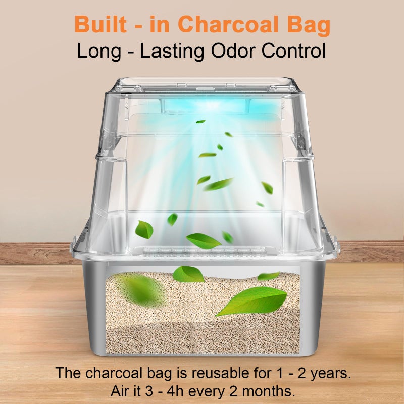 URPOWER Stainless Steel Cat Litter Box with Lid 110Â° Flip-Top Extra Large Enclosed Litter Box Non-Sticky Metal Pan with High Sided & Scoop, Odor Free, Front & Top Entry, Anti-Leakage, Easy Cleaning - Image 4