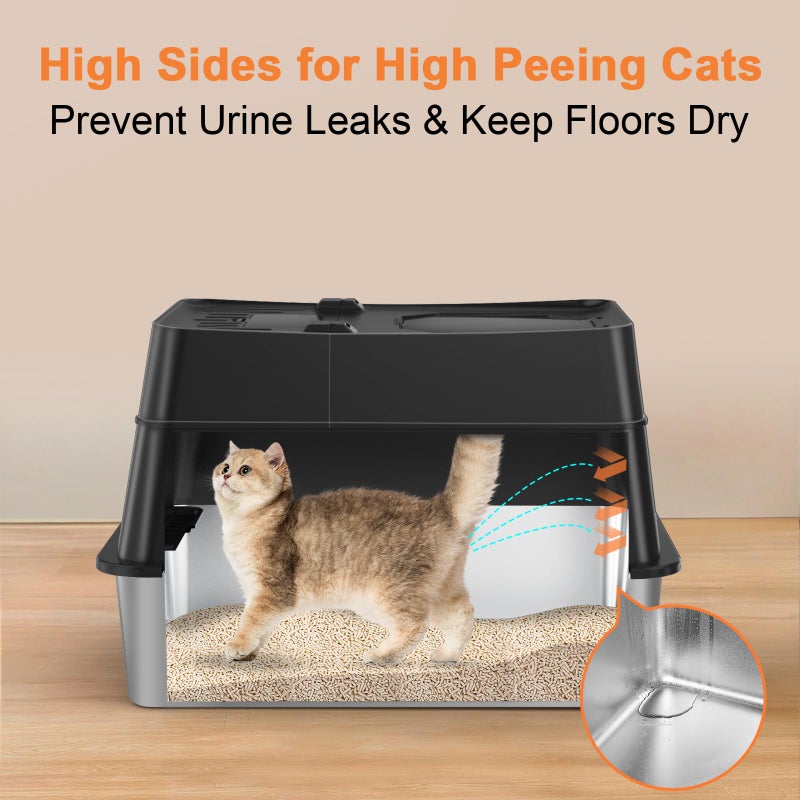 URPOWER Stainless Steel Cat Litter Box with Lid 110Â° Flip-Top Extra Large Enclosed Litter Box Non-Sticky Metal Pan with High Sided & Scoop, Odor Free, Front & Top Entry, Anti-Leakage, Easy Cleaning - Image 3