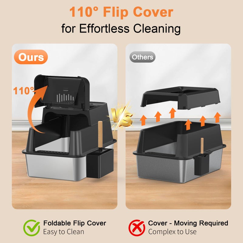 URPOWER Stainless Steel Cat Litter Box with Lid 110Â° Flip-Top Extra Large Enclosed Litter Box Non-Sticky Metal Pan with High Sided & Scoop, Odor Free, Front & Top Entry, Anti-Leakage, Easy Cleaning - Image 2