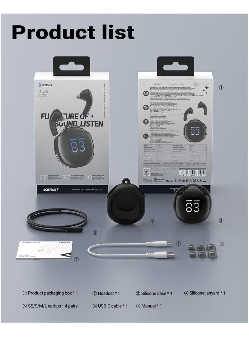 ACEFAST Wireless Bluetooth Earbuds T9,ENC Noise Cancelling Wireless Earbuds, 30H Deep Bass, Crystal LED Display,  Night Light - Black - Image 3