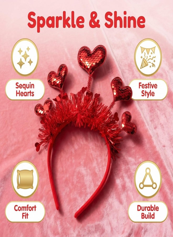SARATA Valentines Day Heart Headband Red Sequins Hair Band, Glitter Love Hearts Hair Accessories for Women, Birthday New Year Wedding Party Costumes Headdress Decoration Sparkly Hair Hoop - Image 3