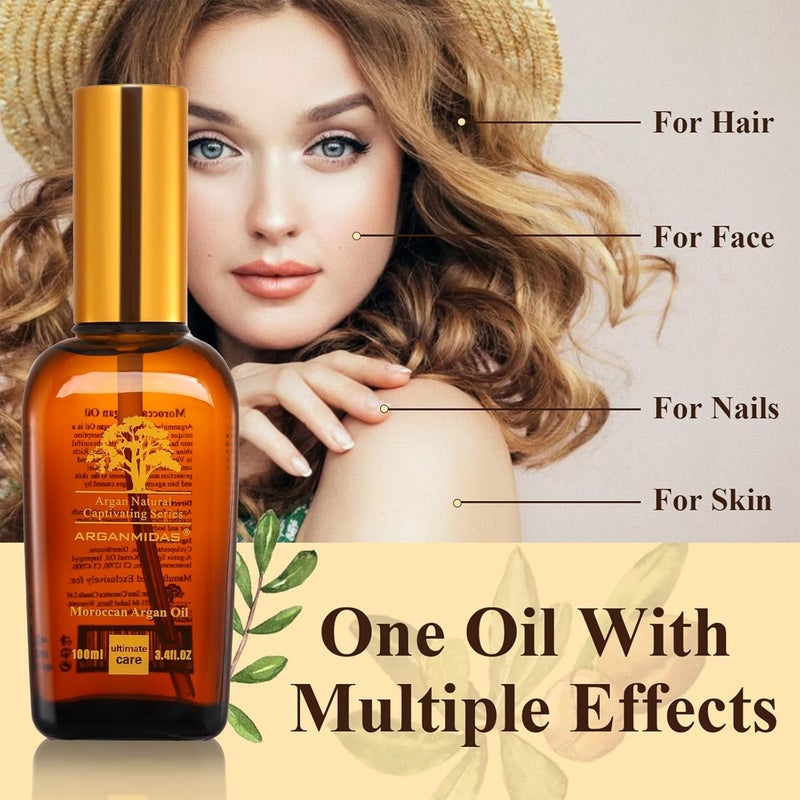 Arganmidas Hair Oils, Moroccan Argan Oil for Hair and Face Skin Moisturizer, Leave Hair Soft & Shiny, Hair Treatment oil for Men Women Dry Damaged Frizzy Hair, 3.4 Fl Oz - Image 2