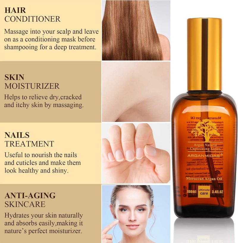 Arganmidas Hair Oils, Moroccan Argan Oil for Hair and Face Skin Moisturizer, Leave Hair Soft & Shiny, Hair Treatment oil for Men Women Dry Damaged Frizzy Hair, 3.4 Fl Oz - Image 4