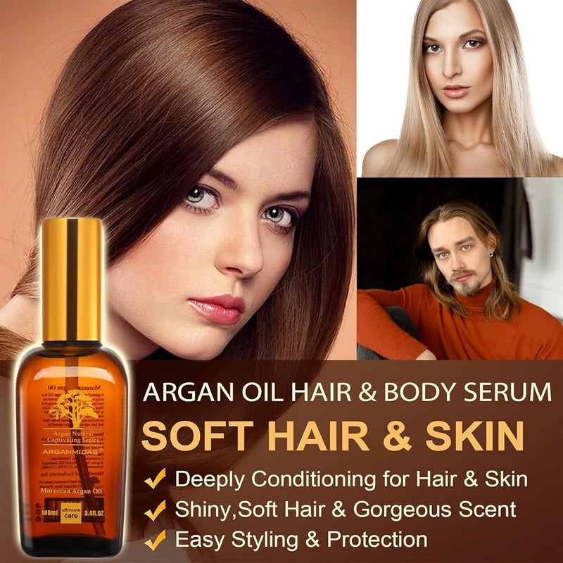 Arganmidas Hair Oils, Moroccan Argan Oil for Hair and Face Skin Moisturizer, Leave Hair Soft & Shiny, Hair Treatment oil for Men Women Dry Damaged Frizzy Hair, 3.4 Fl Oz - Image 5