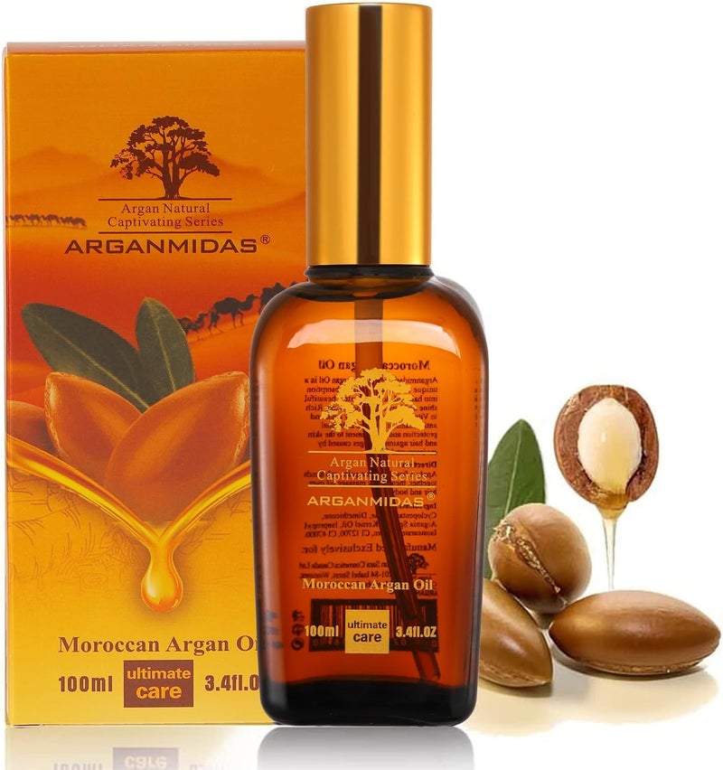 Arganmidas Hair Oils, Moroccan Argan Oil for Hair and Face Skin Moisturizer, Leave Hair Soft & Shiny, Hair Treatment oil for Men Women Dry Damaged Frizzy Hair, 3.4 Fl Oz - Image 1