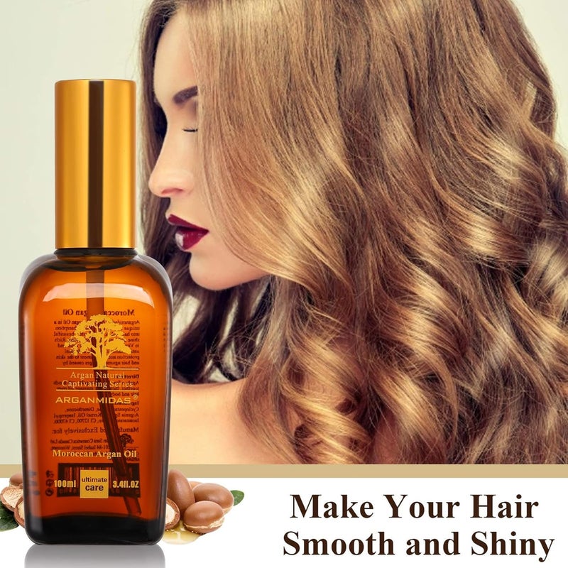 Arganmidas Hair Oils, Moroccan Argan Oil for Hair and Face Skin Moisturizer, Leave Hair Soft & Shiny, Hair Treatment oil for Men Women Dry Damaged Frizzy Hair, 3.4 Fl Oz - Image 3