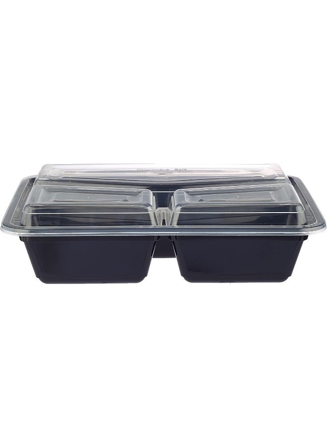 Hotpack - Hotpack Disposable Bento, Food Storage, Microwavable Meal Prep Container, Black Base Rectangular Container 3-Compartment with Clear Lid, 50 Pieces - Image 1