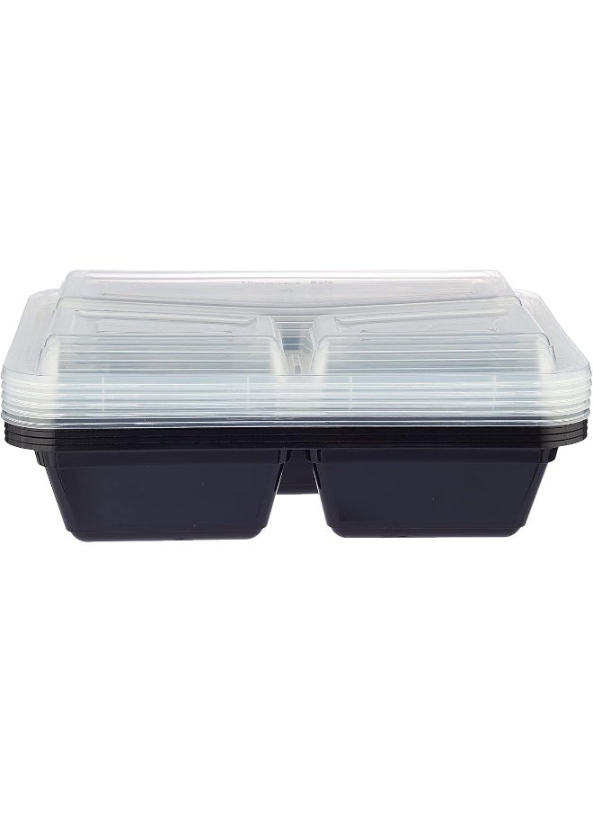 Hotpack - Hotpack Disposable Bento, Food Storage, Microwavable Meal Prep Container, Black Base Rectangular Container 3-Compartment with Clear Lid, 50 Pieces - Image 1