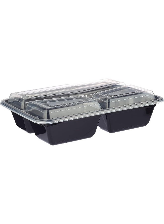 Hotpack - Hotpack Disposable Bento, Food Storage, Microwavable Meal Prep Container, Black Base Rectangular Container 3-Compartment with Clear Lid, 50 Pieces - Image 1