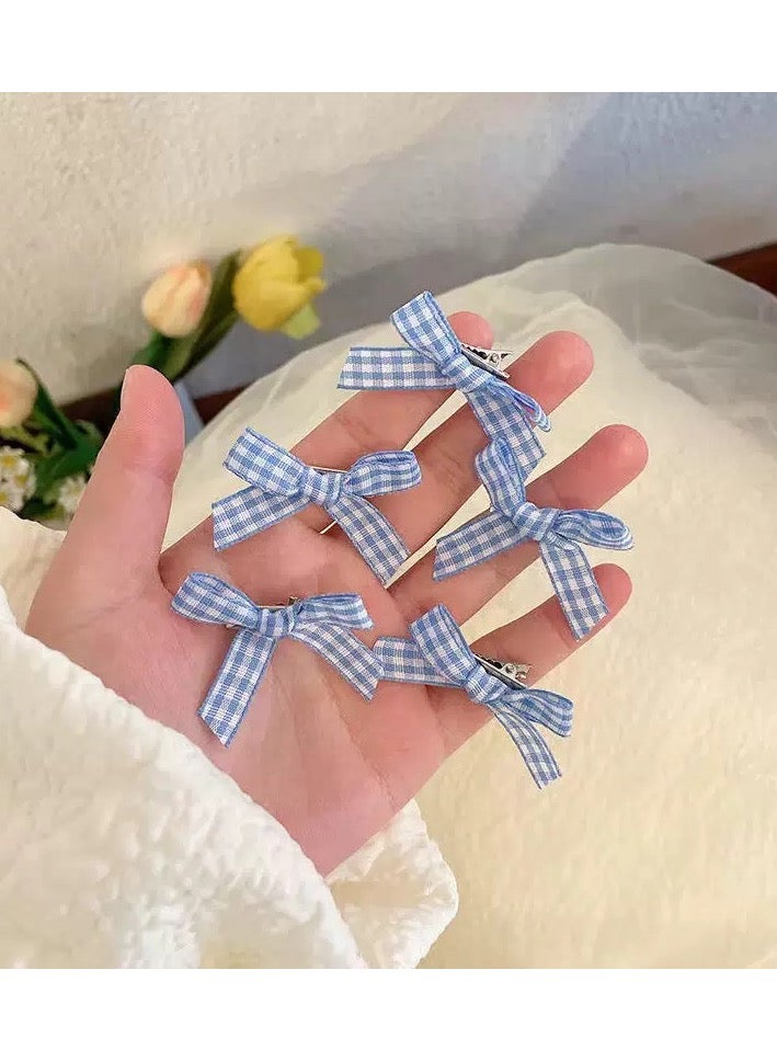 5 قطعة من مقاطع الشعر الصغيرة بالعقدات القوسية باللون الأزرق الزهري بالنمط الشطرنجي الرتقي – إكسسوار شعري شطرنجي قديم للنساء والفتيات - Image 1