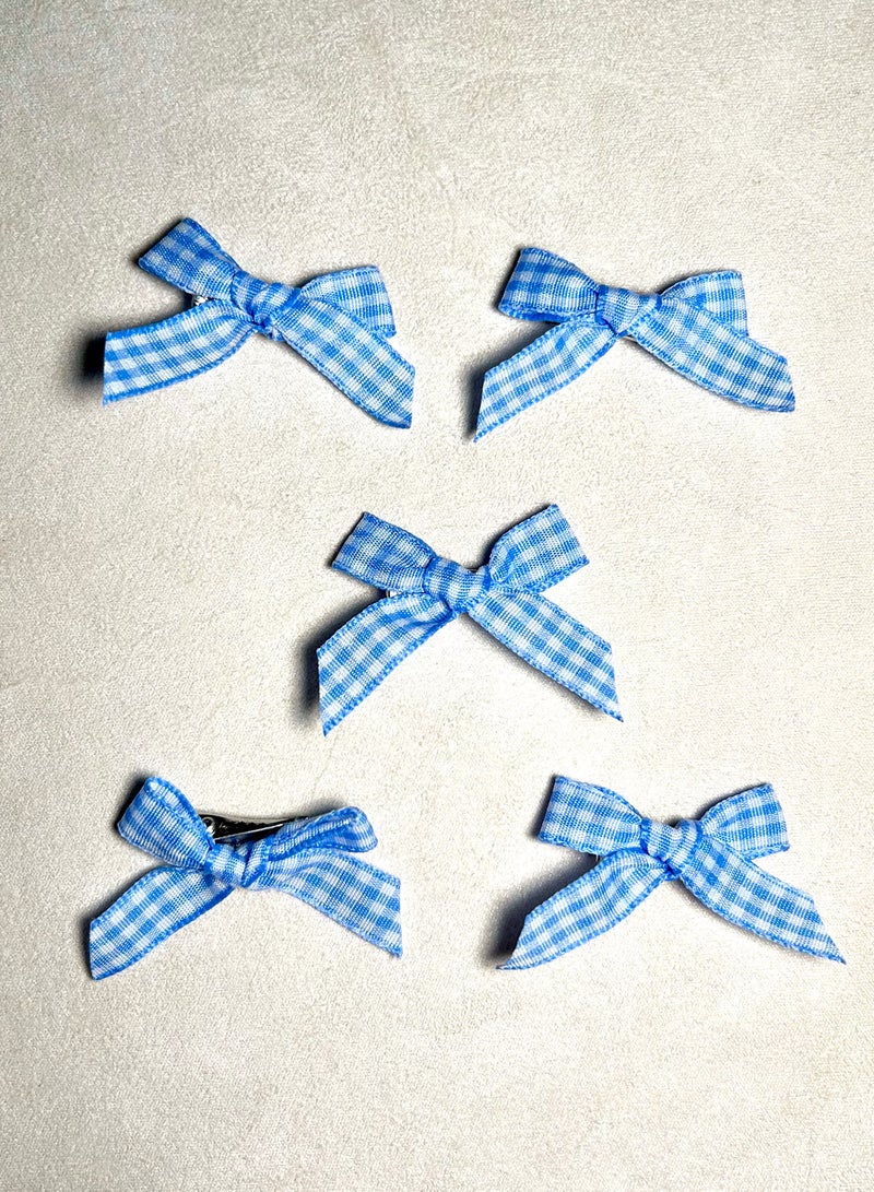 5 قطعة من مقاطع الشعر الصغيرة بالعقدات القوسية باللون الأزرق الزهري بالنمط الشطرنجي الرتقي – إكسسوار شعري شطرنجي قديم للنساء والفتيات - Image 3