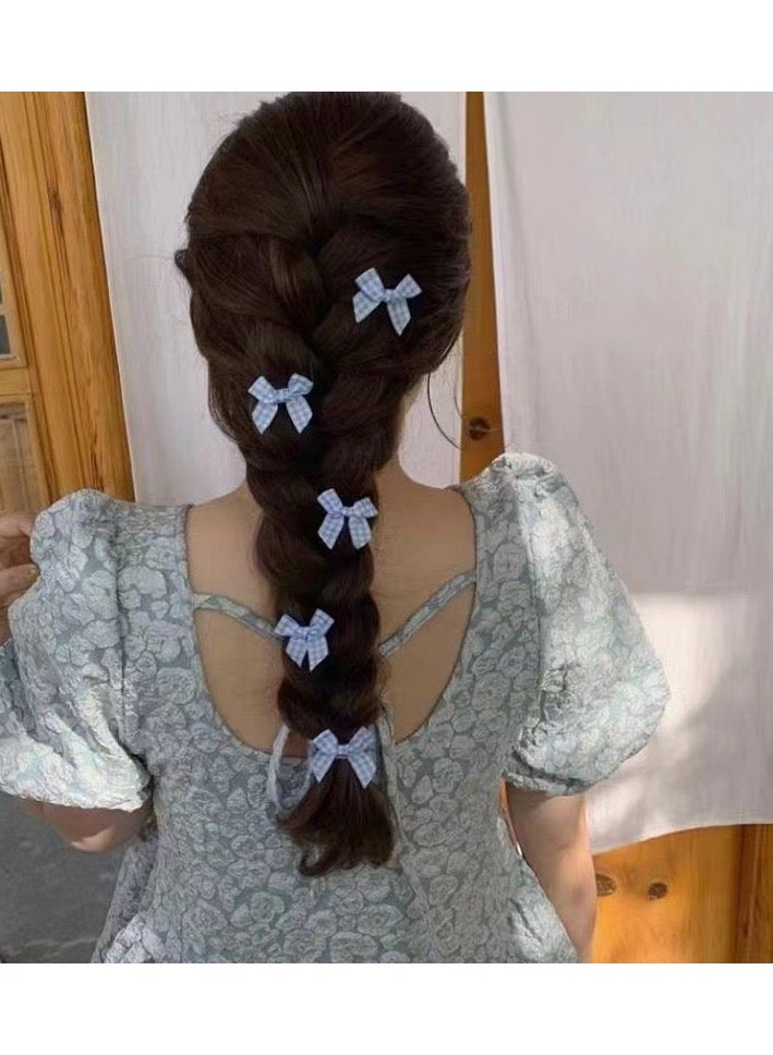 5 قطعة من مقاطع الشعر الصغيرة بالعقدات القوسية باللون الأزرق الزهري بالنمط الشطرنجي الرتقي – إكسسوار شعري شطرنجي قديم للنساء والفتيات - Image 2