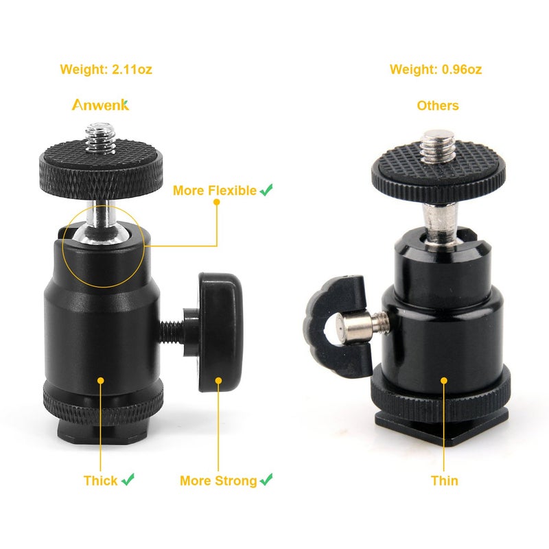 Anwenk 1/4" Hot Shoe Adapter Mount Camera Ball Head Hot Shoe Mount with 1/4" Tripod Screw Head for Lightweight Light LCD Monitors Flash Photography Studio Action Camera - Image 2