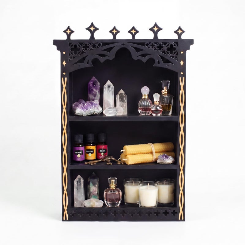 FNYDOX Gothic Wall Shelf Crystal Display Shelf Wall Mount Shelf Cottagecore Vintage Decor Wooden Wall Shelf for Bedroom Living Room Knick Knack Shelf for Perfume Essential Oils Wall Art Gift - Image 2