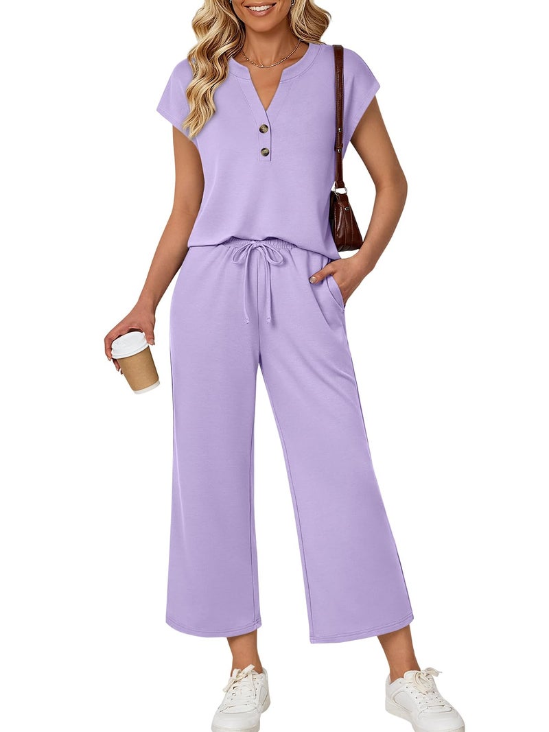 LILLUSORY Two Piece Lounge Sets for Women Spring Vacation Beach Travel Airport Outfits Casual Cruise Fashion 2026 Purple L - Image 1