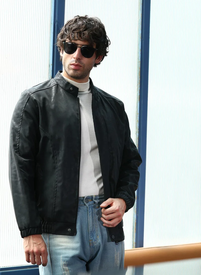 Campus Sutra Men's Onyx Black Coated Panel-Stitch Rider Jacket | سترة رايدر | كم طويل | نمط صلب | كاجوال ويومي | طوق الفرقة