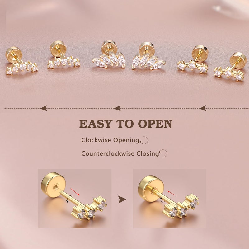 GEMQUEEN أقراط جيمكوين المسطحة ذات الظهر - مجموعة أقراط من الفضة الإسترلينية 925 مطلية بالذهب عيار 14K مضادة للحساسية للخرز والهيليكس والكونش والتراجي واللوبي - أقراط صغيرة مزودة بمسامير من CZ للنساء والرجال - 3 أزواج - Image 5