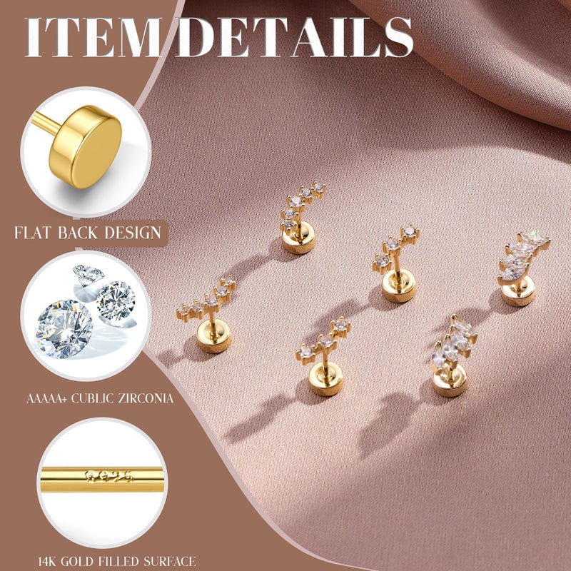 GEMQUEEN أقراط جيمكوين المسطحة ذات الظهر - مجموعة أقراط من الفضة الإسترلينية 925 مطلية بالذهب عيار 14K مضادة للحساسية للخرز والهيليكس والكونش والتراجي واللوبي - أقراط صغيرة مزودة بمسامير من CZ للنساء والرجال - 3 أزواج - Image 2