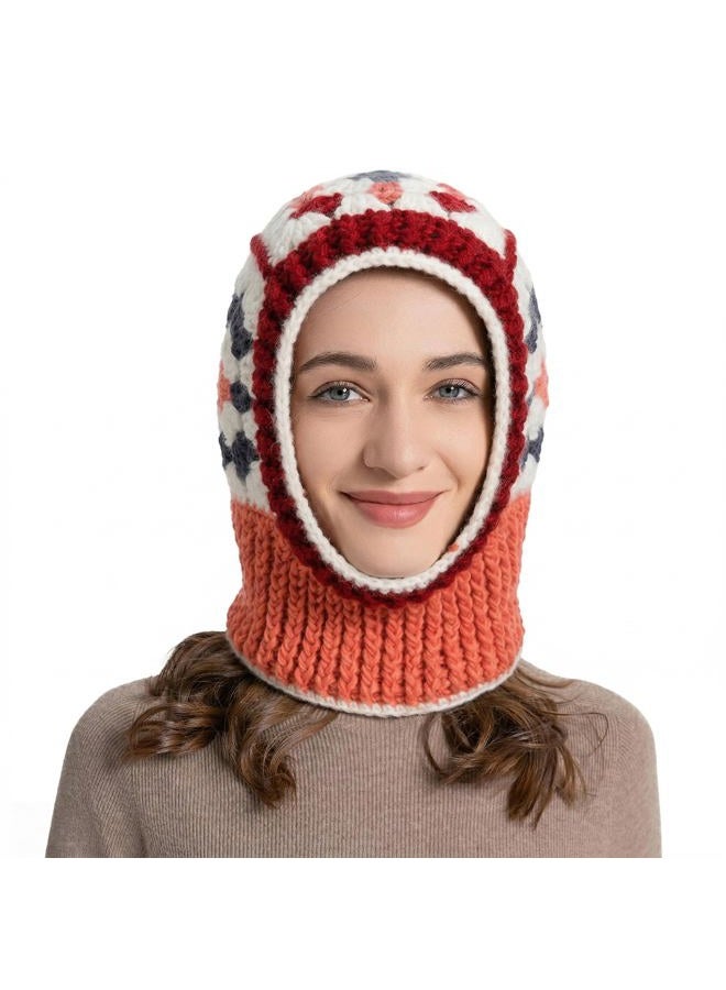 ZLYC Winter Knitted Winter Hat Windproof Hooded Scarf Balaclava Beanie Hat for Women (Crochet Red), Crochet Red, One size - Image 2