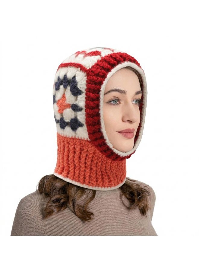 ZLYC Winter Knitted Winter Hat Windproof Hooded Scarf Balaclava Beanie Hat for Women (Crochet Red), Crochet Red, One size - Image 1