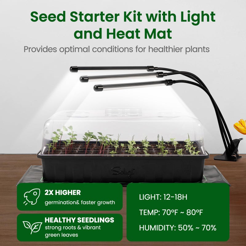SOLIGT 60 Cell Seed Starter Kit with Grow Light and Heat Mat, Seed Starter Tray with Higher 4.3â€ Humidity Dome, Flexible Light Positioning for Seed Starting & Seedling Growth - Image 2