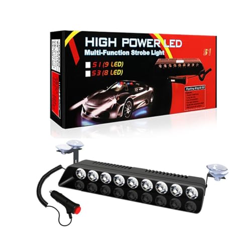 AutoBizarre 12V Car Dash Emergency Warning Strobe Red Blue Flasher Windshield Sucker LED light With Multiple Flashing Modes For All Cars, Emergency Vehicles, etc. (9 LED Red Blue White) - Image 1