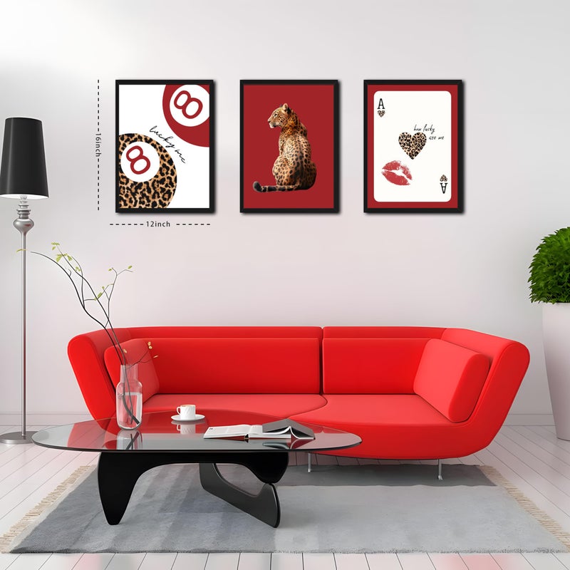 Tmvosn Framed Trendy Leopard Wall Art Set of 3, Red Funky Preppy Cheetah Wall Decor Paintings, Lucky 8 Aesthetic Room Decor Prints Pictures for Girls Bedroom Apartment Dorm 12x16 Inch Black Frame - Image 3