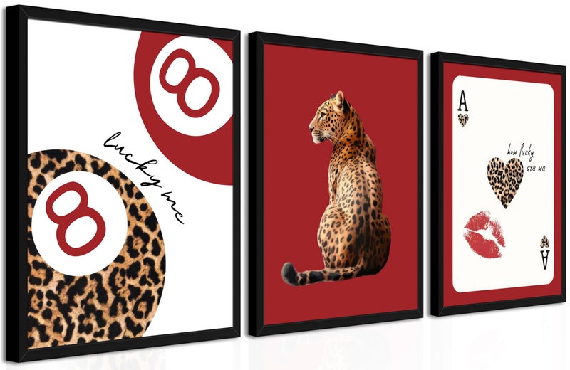 Tmvosn Framed Trendy Leopard Wall Art Set of 3, Red Funky Preppy Cheetah Wall Decor Paintings, Lucky 8 Aesthetic Room Decor Prints Pictures for Girls Bedroom Apartment Dorm 12x16 Inch Black Frame - Image 1