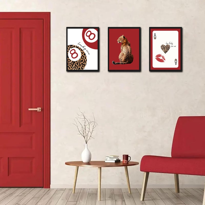 Tmvosn Framed Trendy Leopard Wall Art Set of 3, Red Funky Preppy Cheetah Wall Decor Paintings, Lucky 8 Aesthetic Room Decor Prints Pictures for Girls Bedroom Apartment Dorm 12x16 Inch Black Frame - Image 5