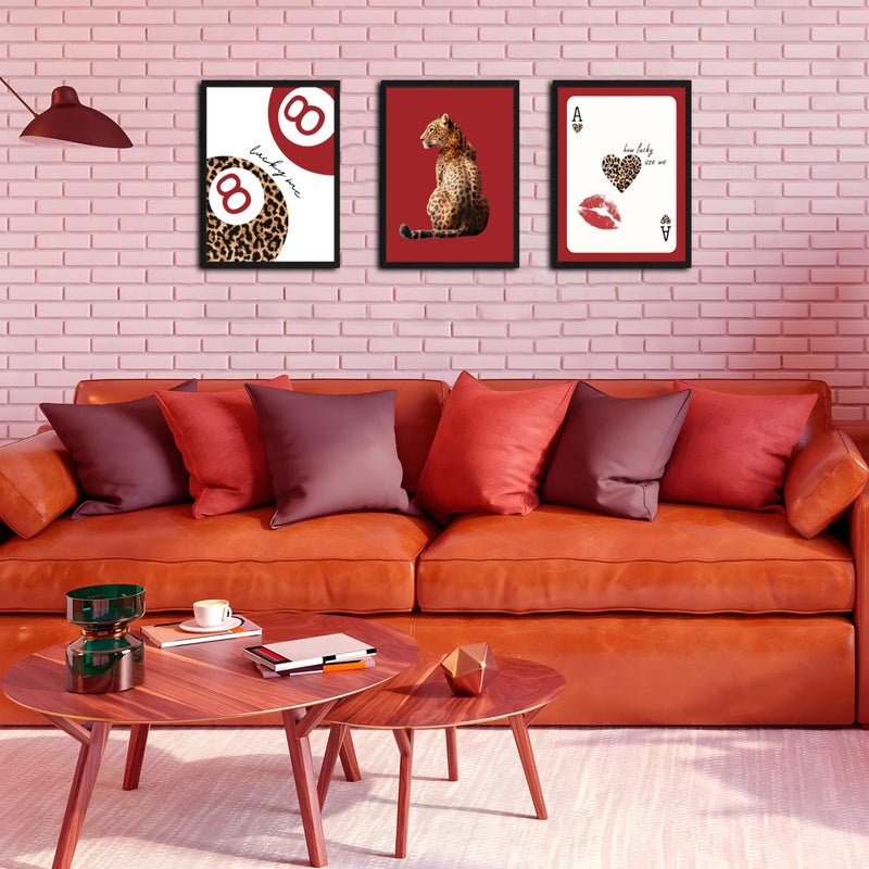Tmvosn Framed Trendy Leopard Wall Art Set of 3, Red Funky Preppy Cheetah Wall Decor Paintings, Lucky 8 Aesthetic Room Decor Prints Pictures for Girls Bedroom Apartment Dorm 12x16 Inch Black Frame - Image 2