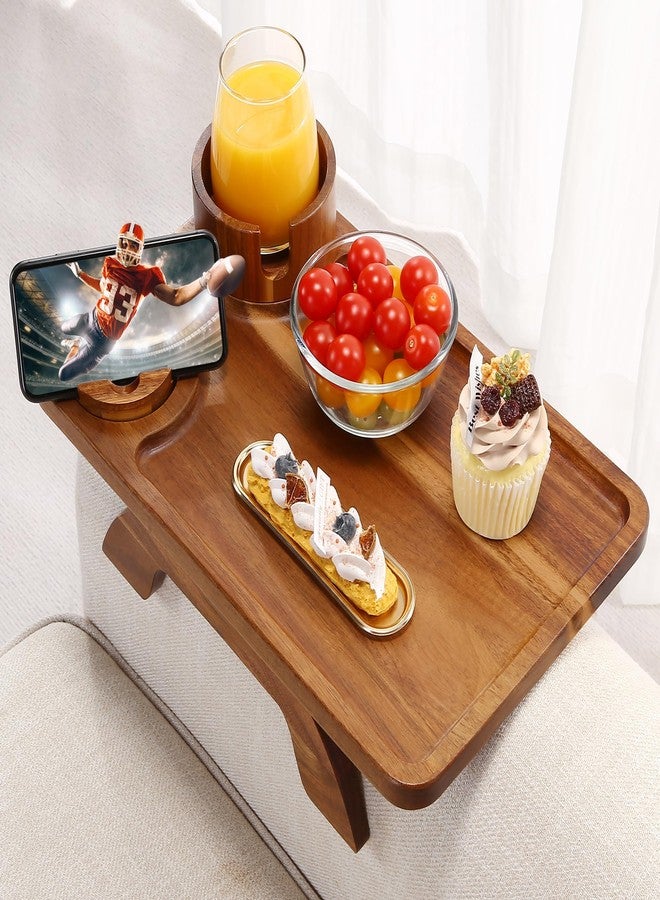 Acanacle Couch Armrest Table Acacia with 360°Rotating Phone & Cup Holders,15.4" x 9.8", 3-in-1 Couch Arm Tray Clip-On Couch Tray for Drinks & Snacks - Image 1