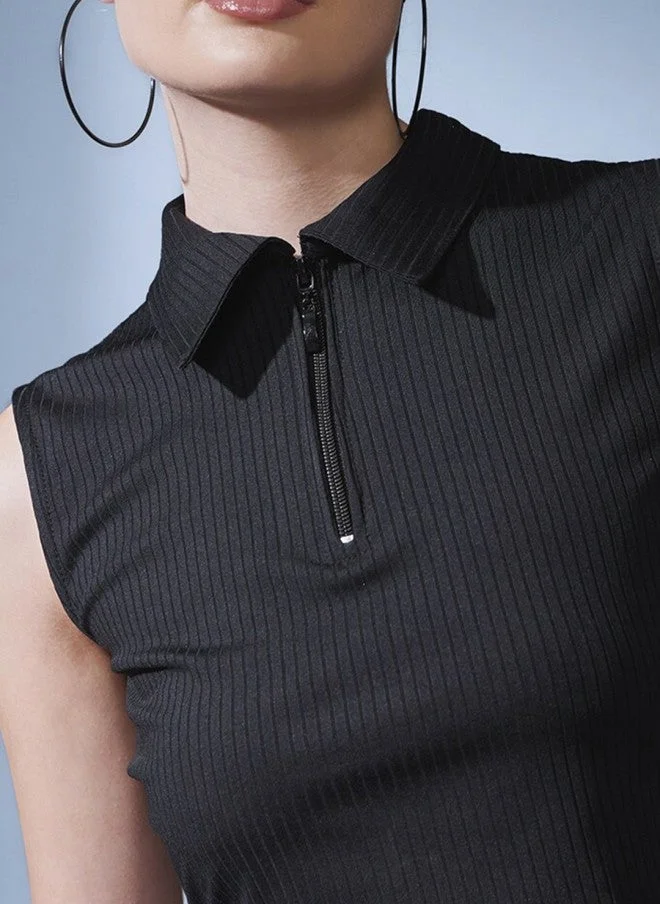 STREET 9 Black Self-Striped Crop Top for Women