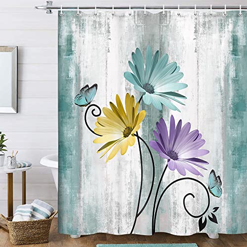 VeiVian Rustic Farmhouse Shower Curtain Farm Teal Daisy Floral Flowers and Butterfly on Country Wooden Shower Curtain for Bathroom Turquoise Blue Bathroom Shower Curtains with 12PCS Hooks 70X70IN - Image 1