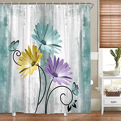 VeiVian Rustic Farmhouse Shower Curtain Farm Teal Daisy Floral Flowers and Butterfly on Country Wooden Shower Curtain for Bathroom Turquoise Blue Bathroom Shower Curtains with 12PCS Hooks 70X70IN - Image 3